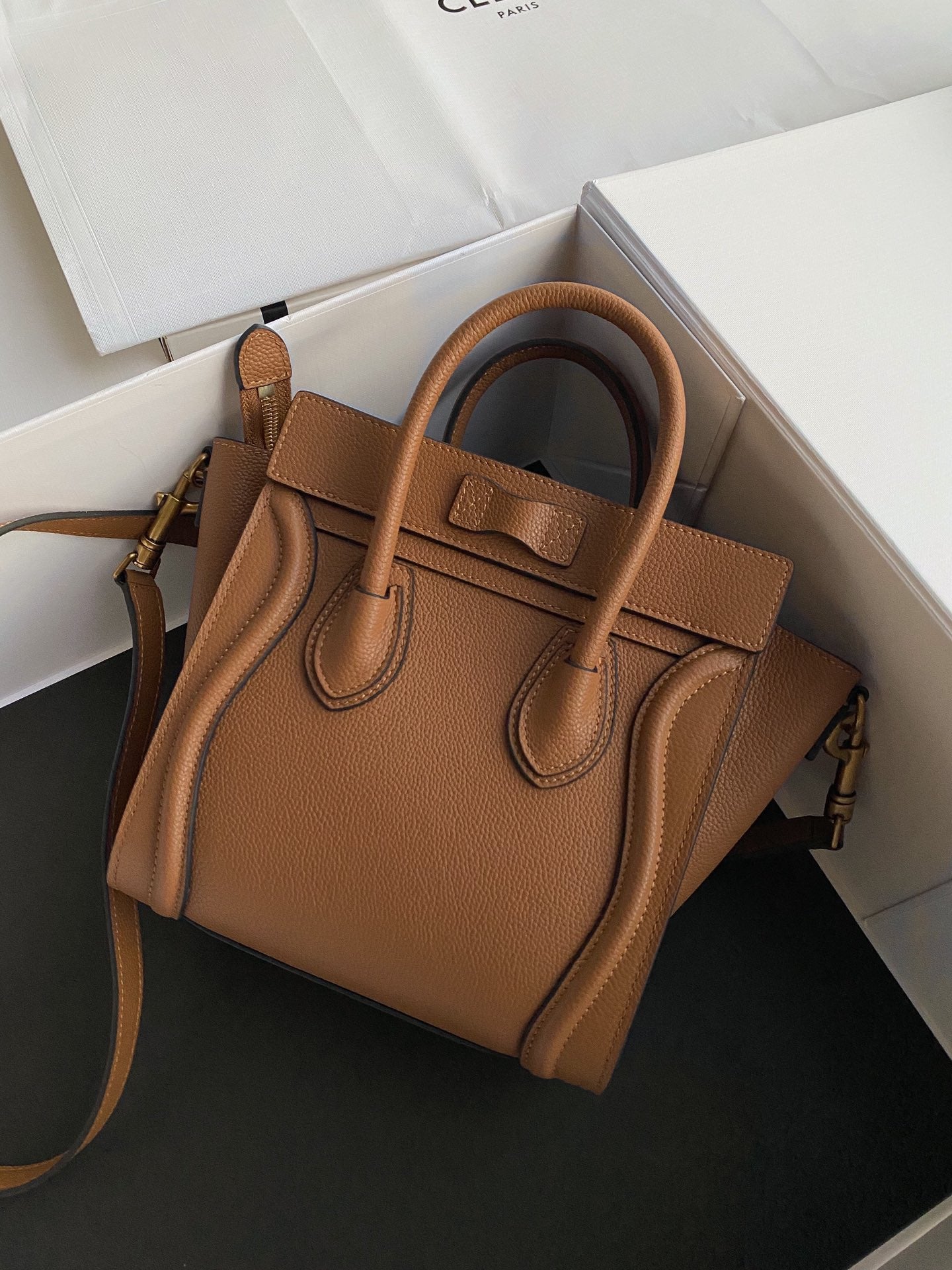 Celine Nano Luggage Tote Bag In Gold Brown Drummed Calfskin