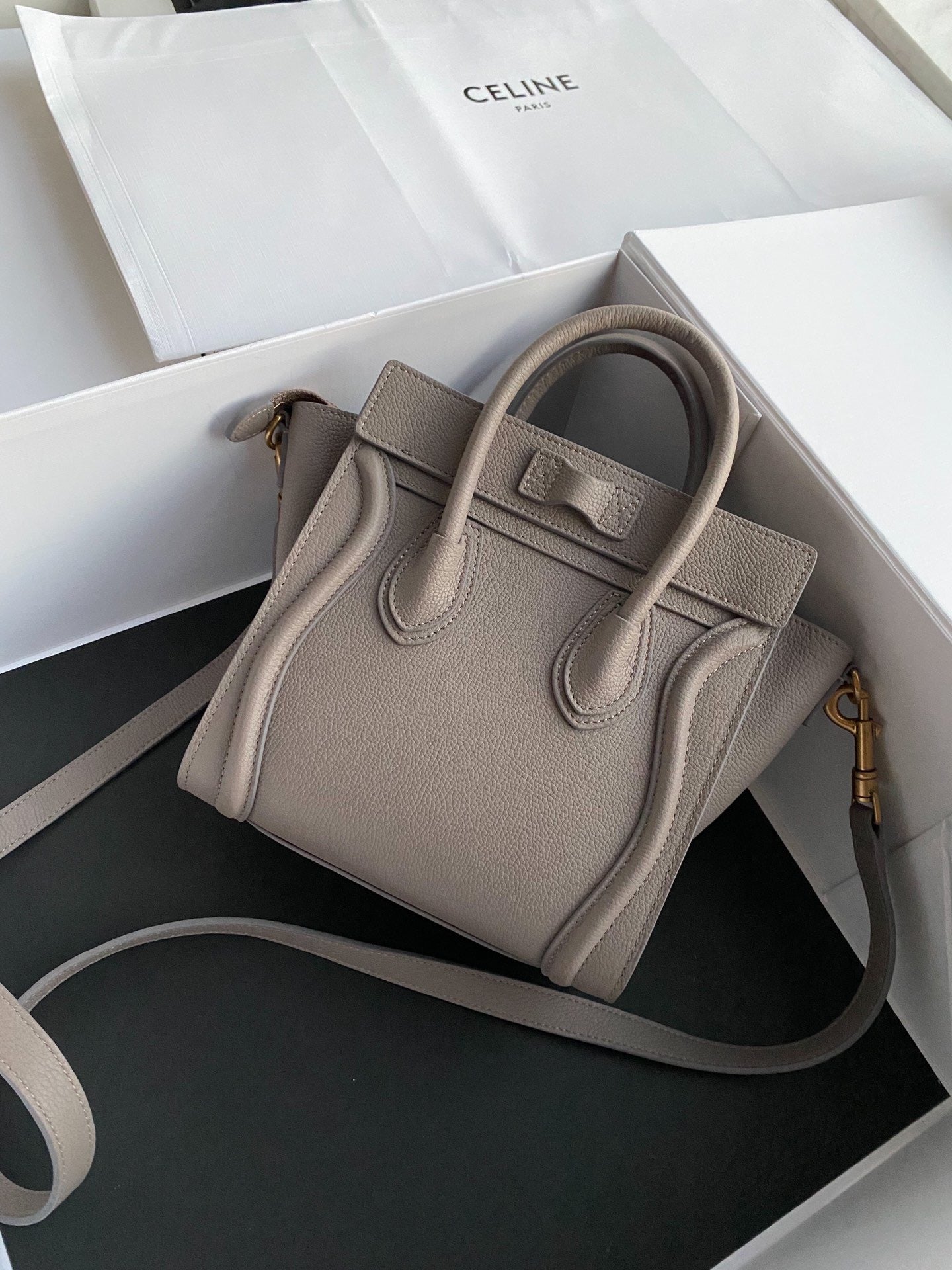 Celine Nano Luggage Tote Bag In Gray Drummed Calfskin