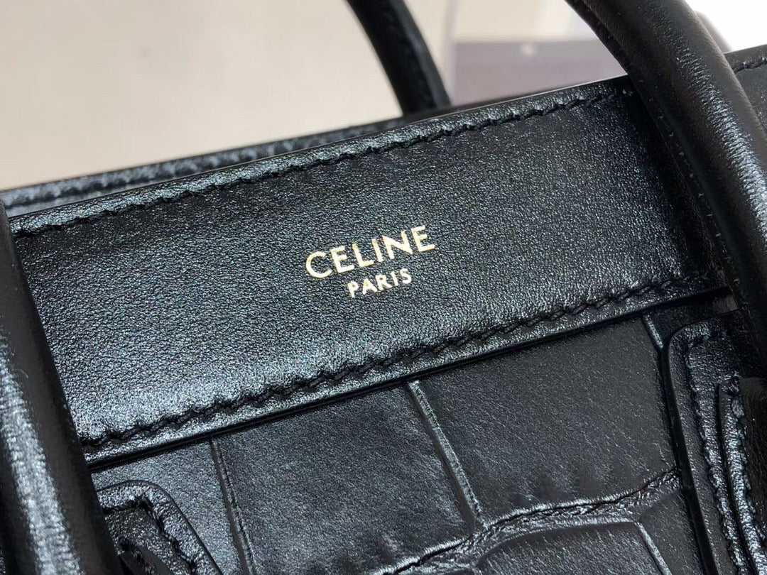 Celine Nano Luggage Tote Bag In Black Drummed Crocodile Leather