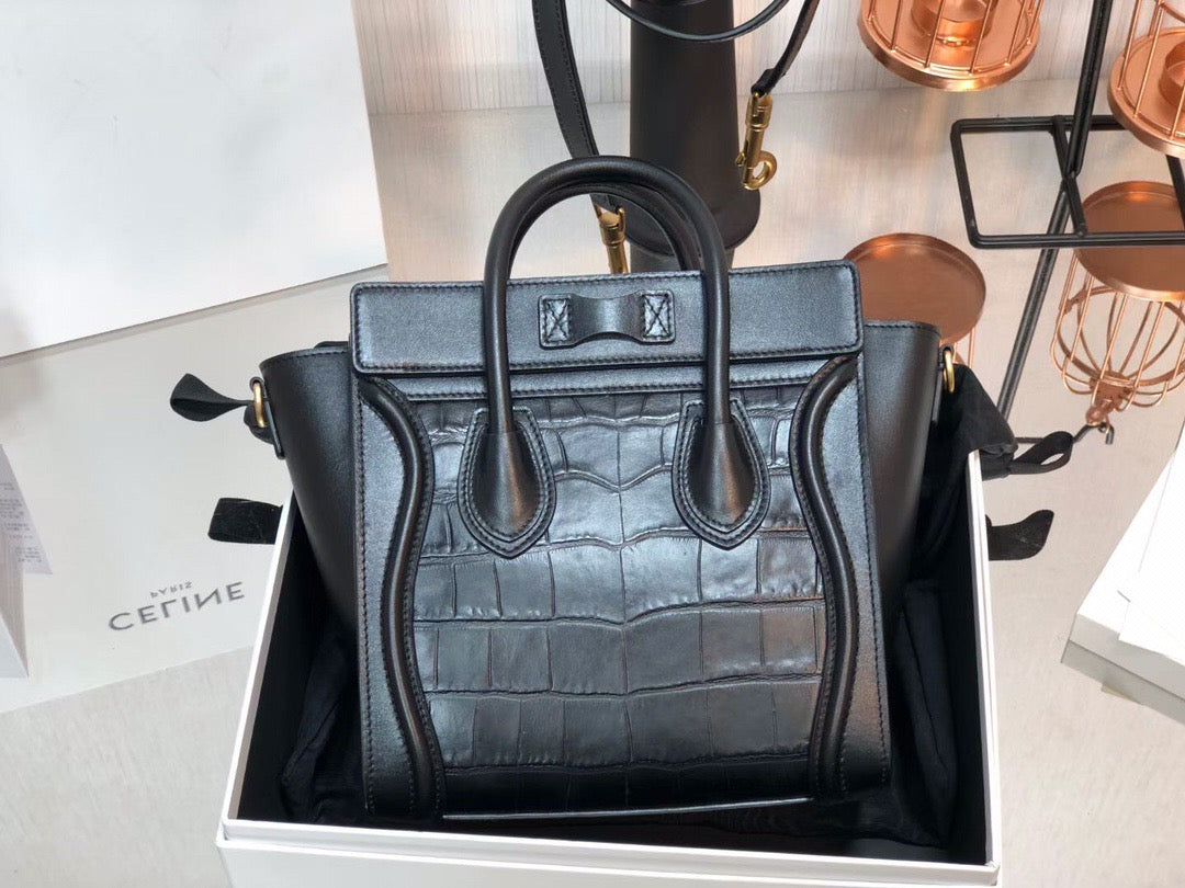 Celine Nano Luggage Tote Bag In Black Drummed Crocodile Leather