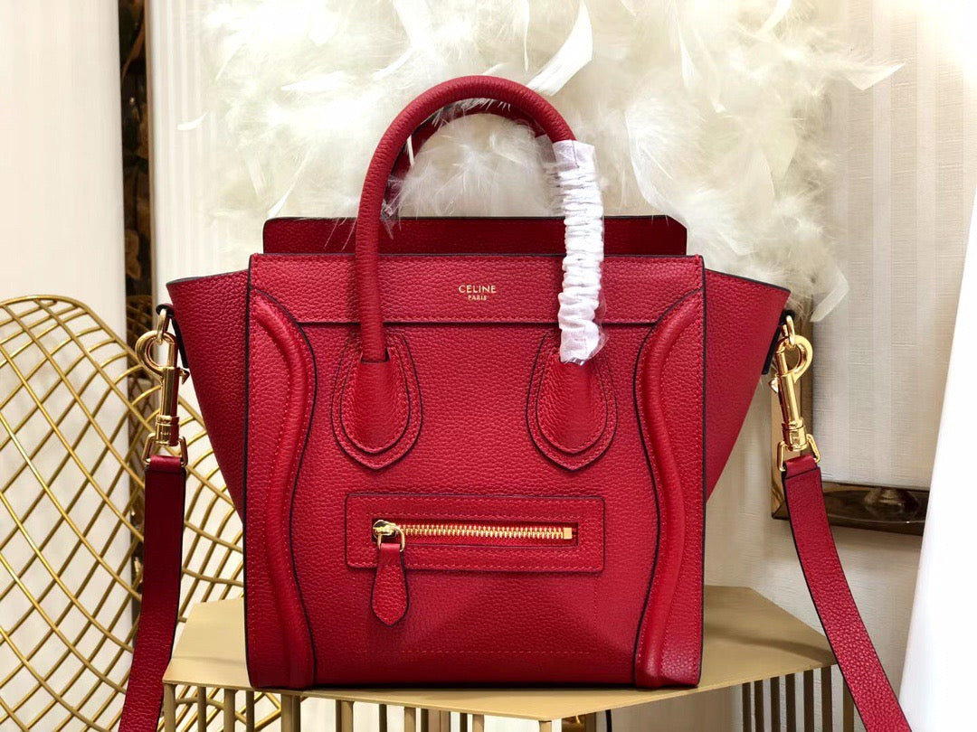 Celine Nano Luggage Tote Bag In Red Drummed Calfskin