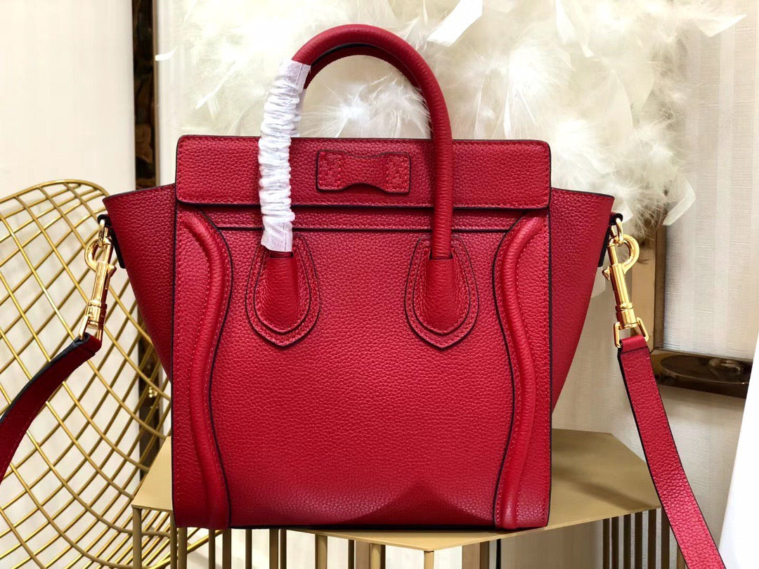 Celine Nano Luggage Tote Bag In Red Drummed Calfskin