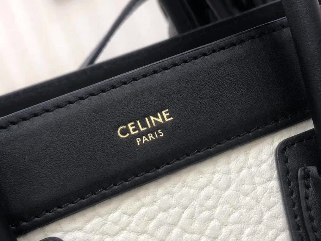 Celine Nano Luggage Tote Bag In Black And White Drummed Calfskin