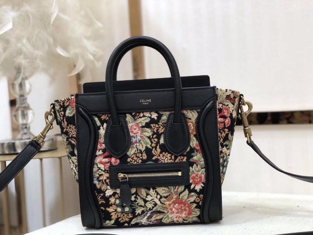 Celine Nano Luggage Tote Bag In Flower And Bird Embroidery