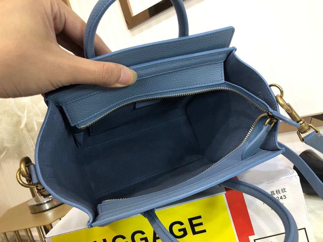 Celine Nano Luggage Tote Bag In Blue Drummed Calfskin