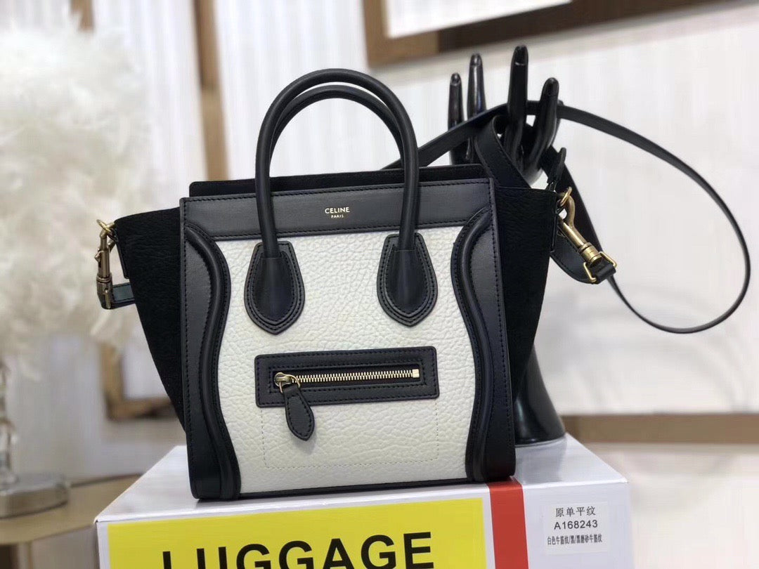 Celine Micro Luggage Tote Bag In Black And White Smooth Calfskin