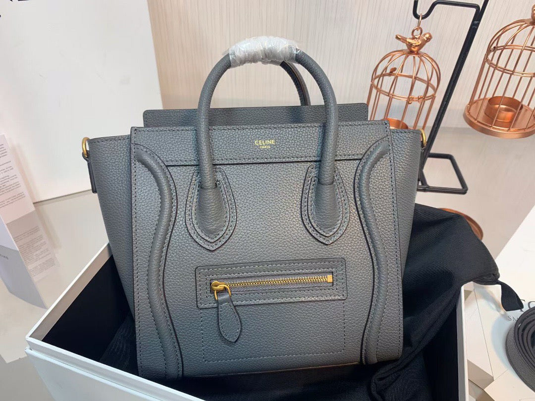 Celine Mini Luggage Tote Bag In Dark Gray Drummed Calfskin