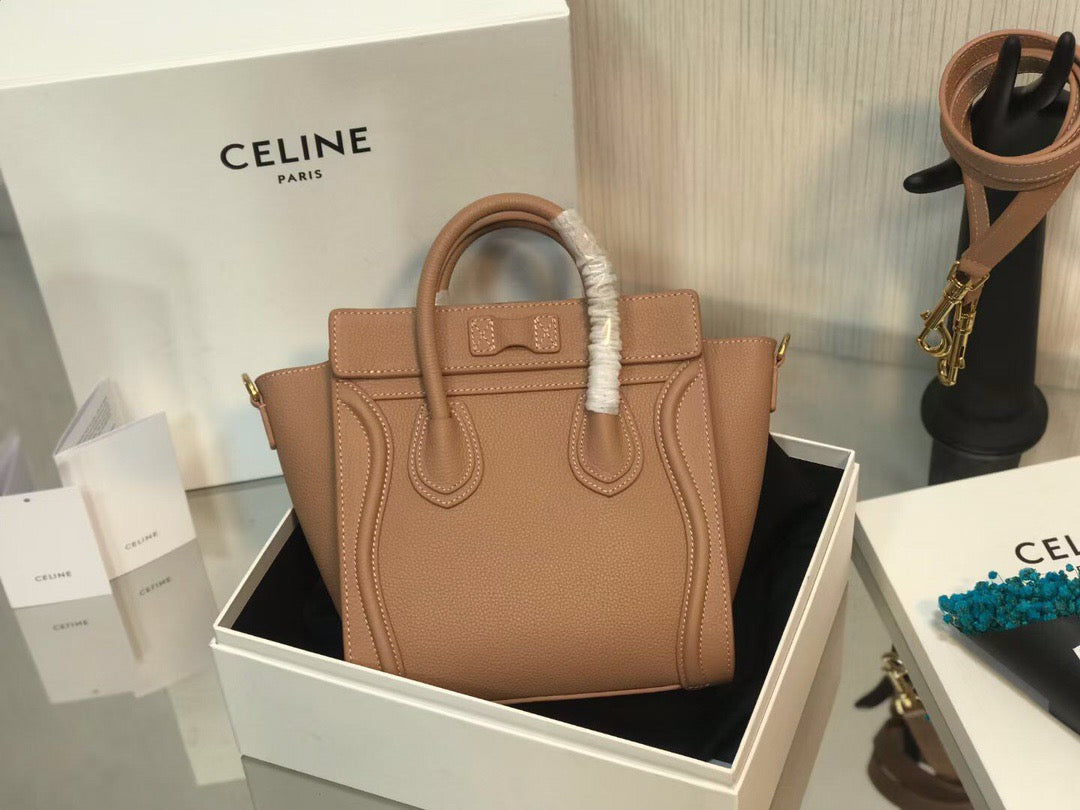 Celine Mini Luggage Tote Bag In Brown Drummed Calfskin