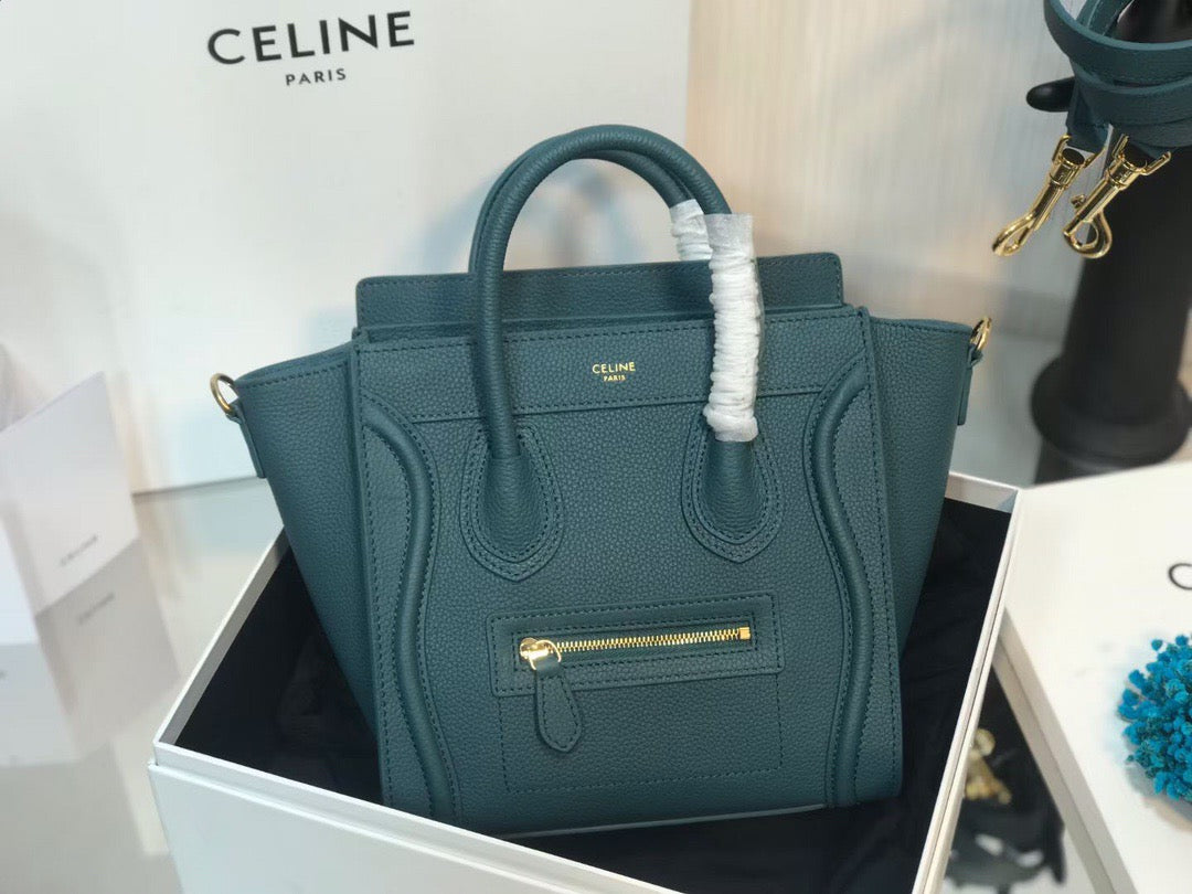 Celine Mini Luggage Tote Bag In Dark Green Drummed Calfskin