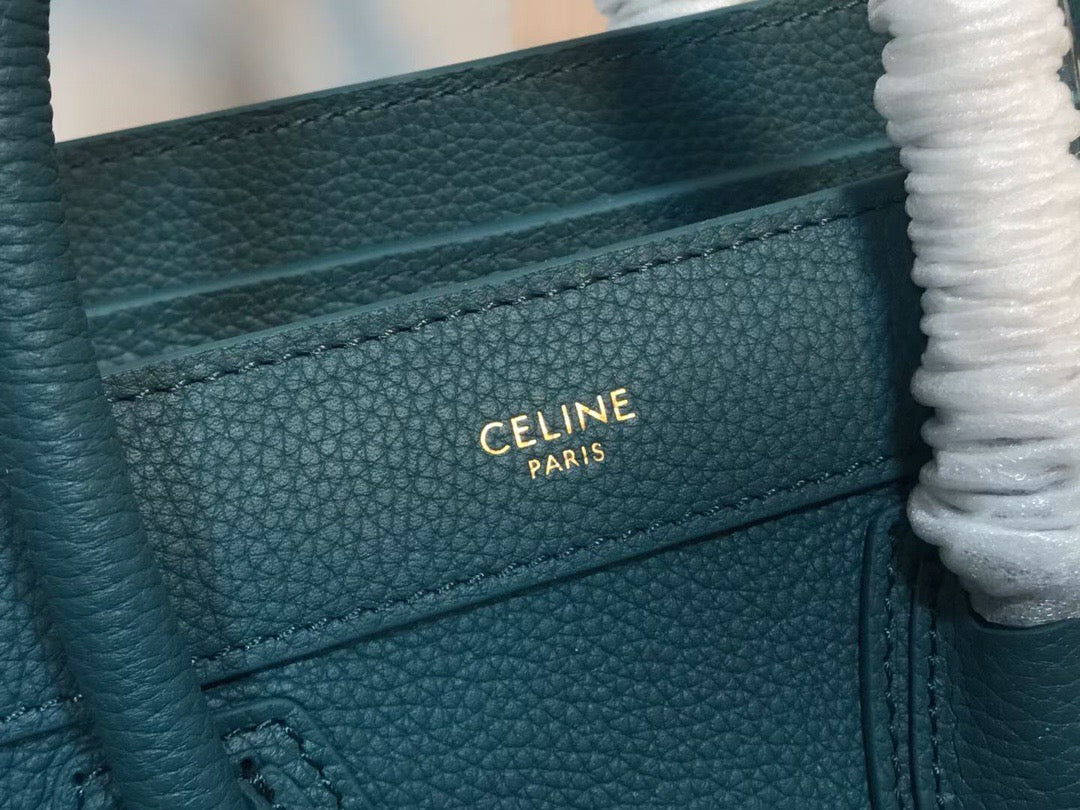 Celine Mini Luggage Tote Bag In Dark Green Drummed Calfskin