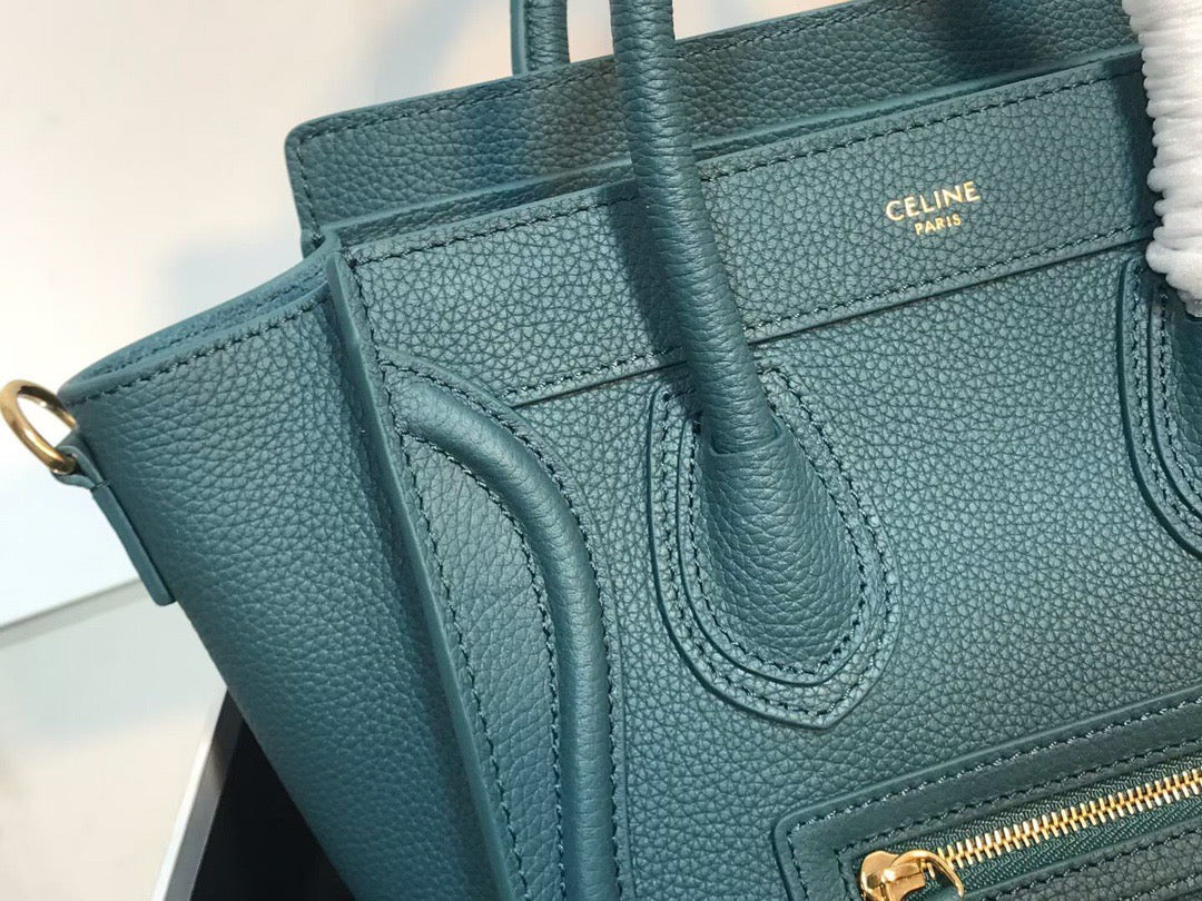 Celine Mini Luggage Tote Bag In Dark Green Drummed Calfskin