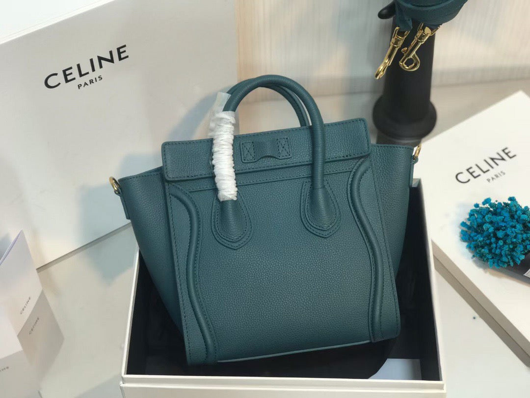 Celine Mini Luggage Tote Bag In Dark Green Drummed Calfskin