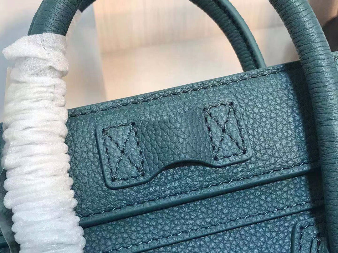 Celine Mini Luggage Tote Bag In Dark Green Drummed Calfskin