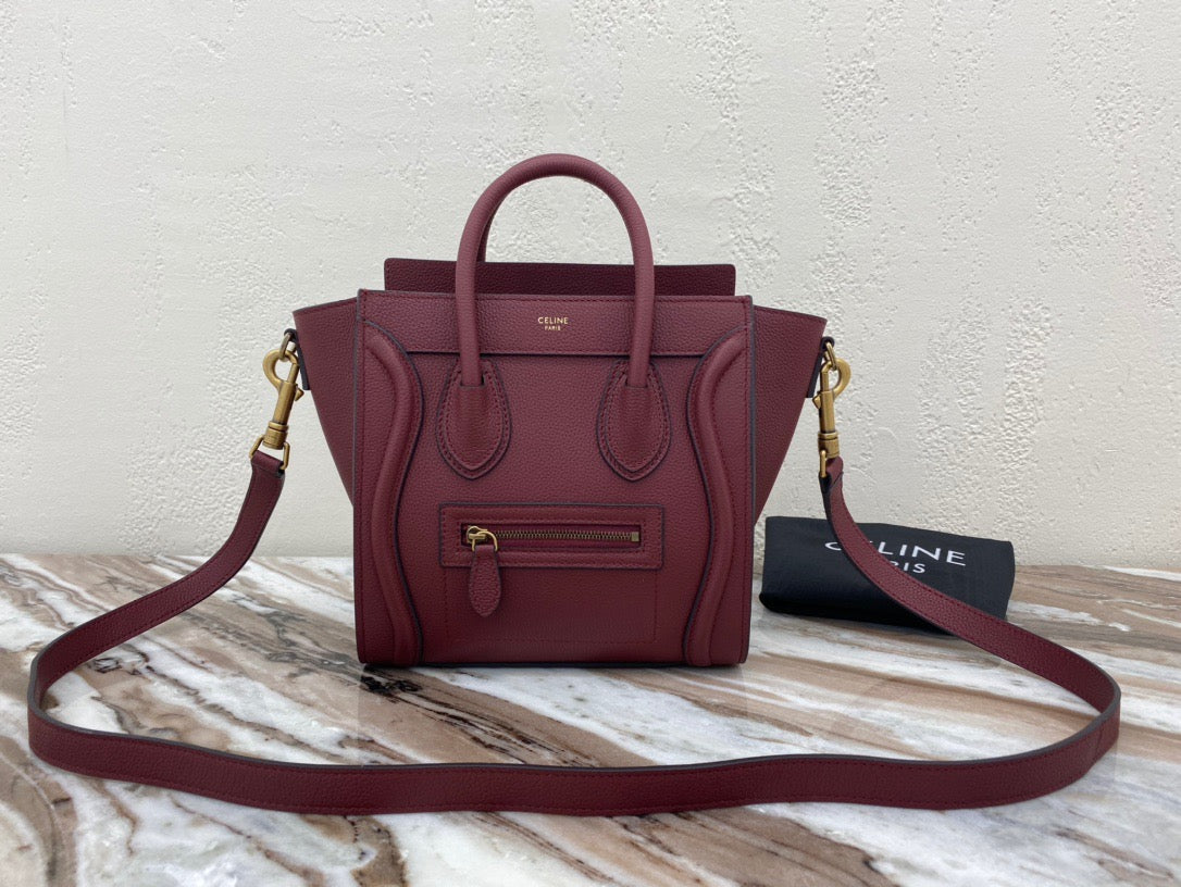 Celine Mini Luggage Tote Bag In Pomegranate Red Drummed Calfskin