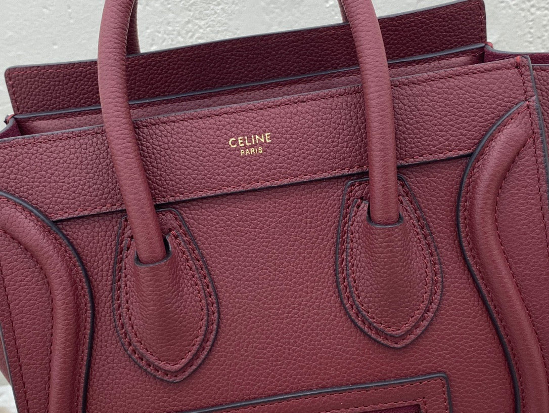 Celine Mini Luggage Tote Bag In Pomegranate Red Drummed Calfskin