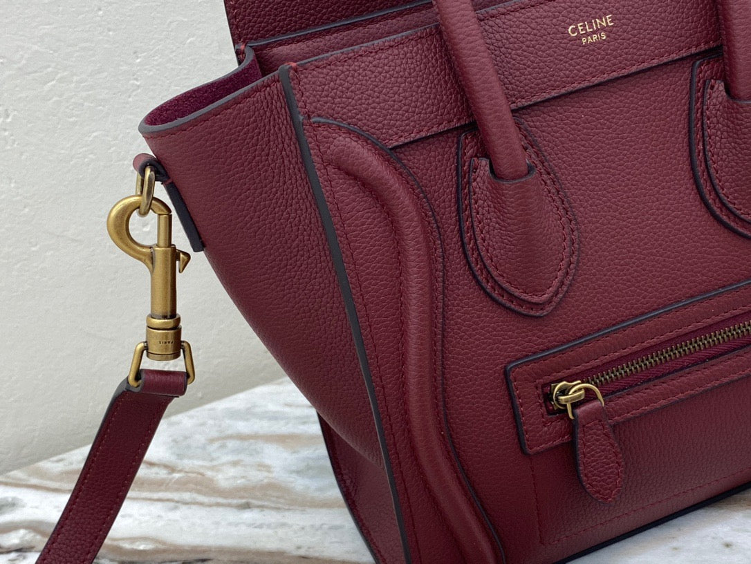 Celine Mini Luggage Tote Bag In Pomegranate Red Drummed Calfskin