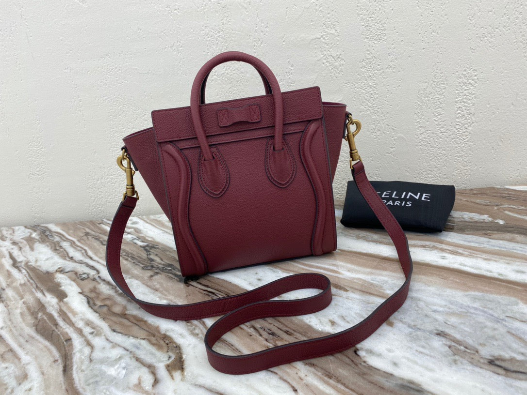 Celine Mini Luggage Tote Bag In Pomegranate Red Drummed Calfskin