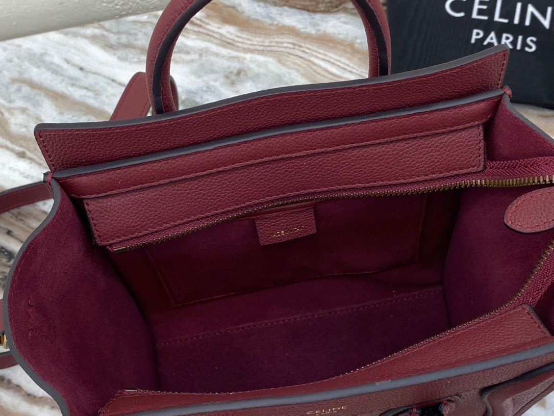 Celine Mini Luggage Tote Bag In Pomegranate Red Drummed Calfskin