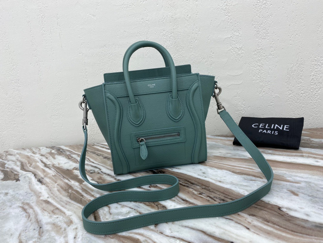 Celine Mini Luggage Tote Bag In Green Drummed Calfskin