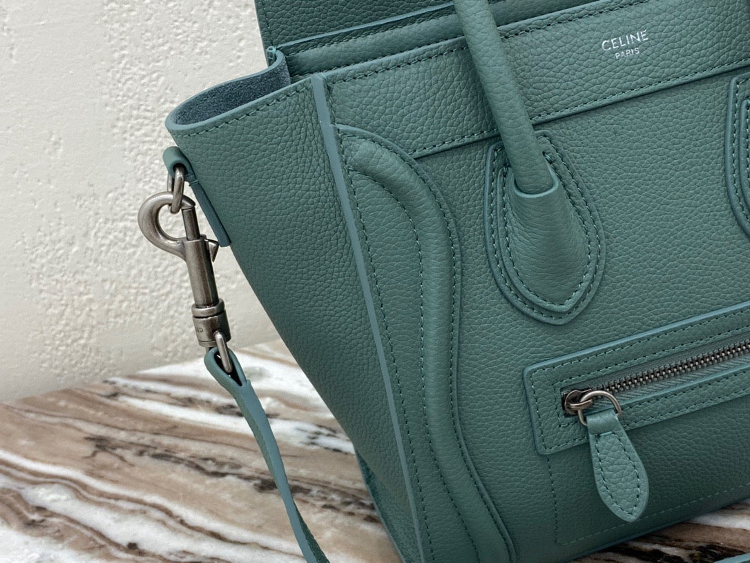 Celine Mini Luggage Tote Bag In Green Drummed Calfskin