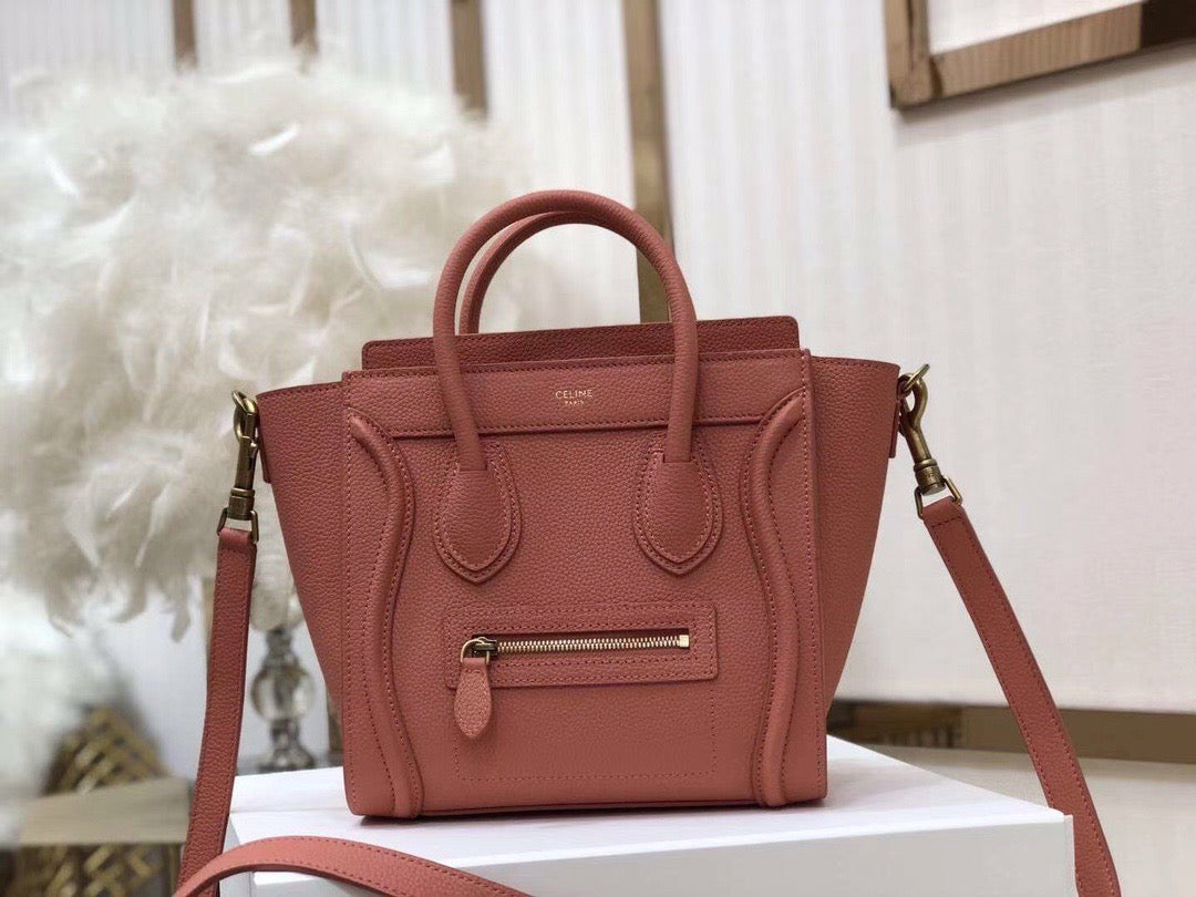 Celine Mini Luggage Tote Bag In Tomato Red Drummed Calfskin