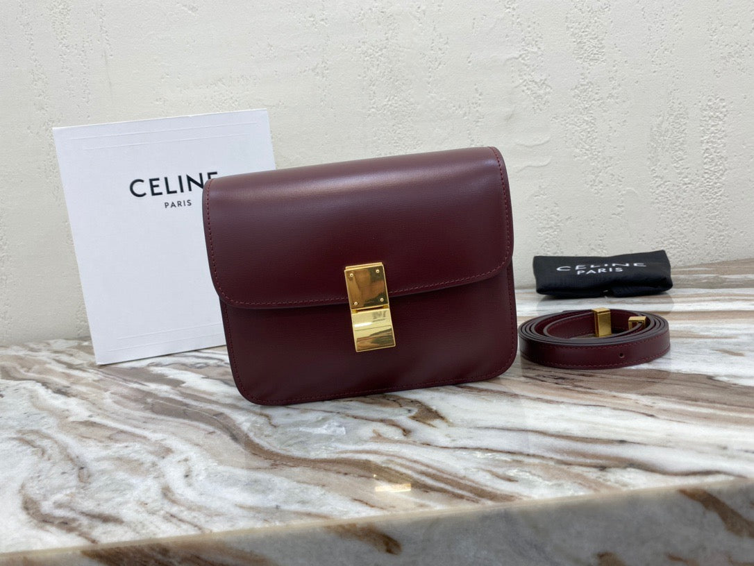 Celine Classic Box Small Bag In Burgundy Box Calfskin