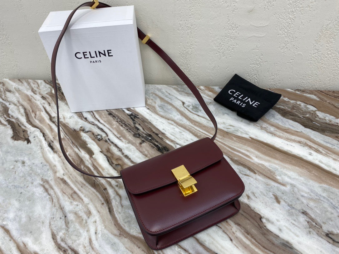 Celine Classic Box Small Bag In Burgundy Box Calfskin