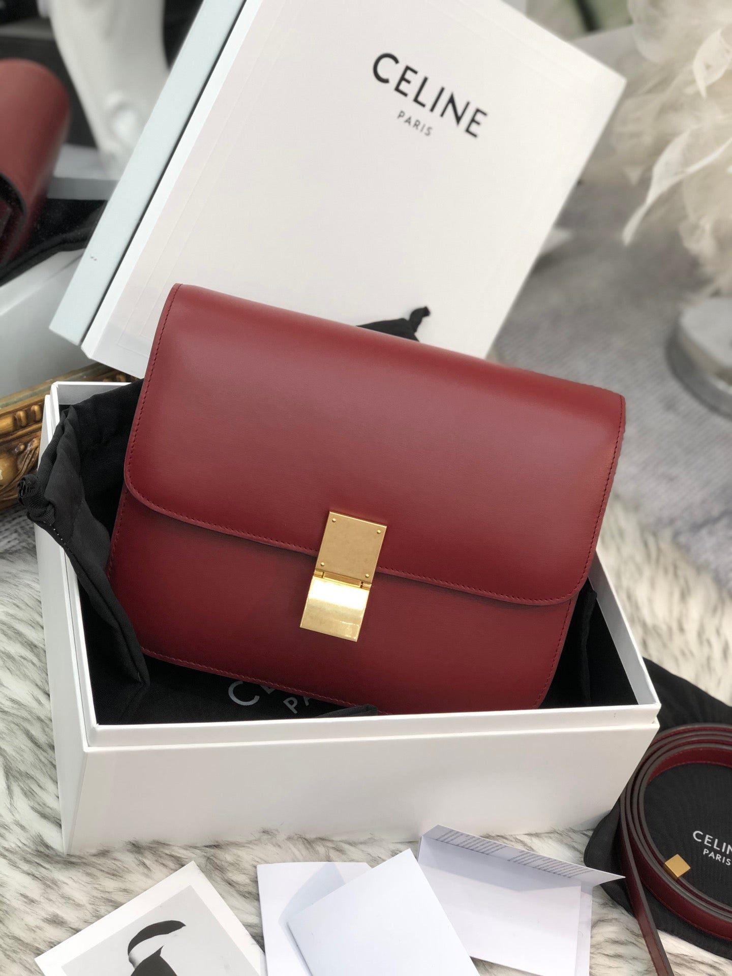 Celine Classic Box Medium Bag In Burdungy Box Calfskin