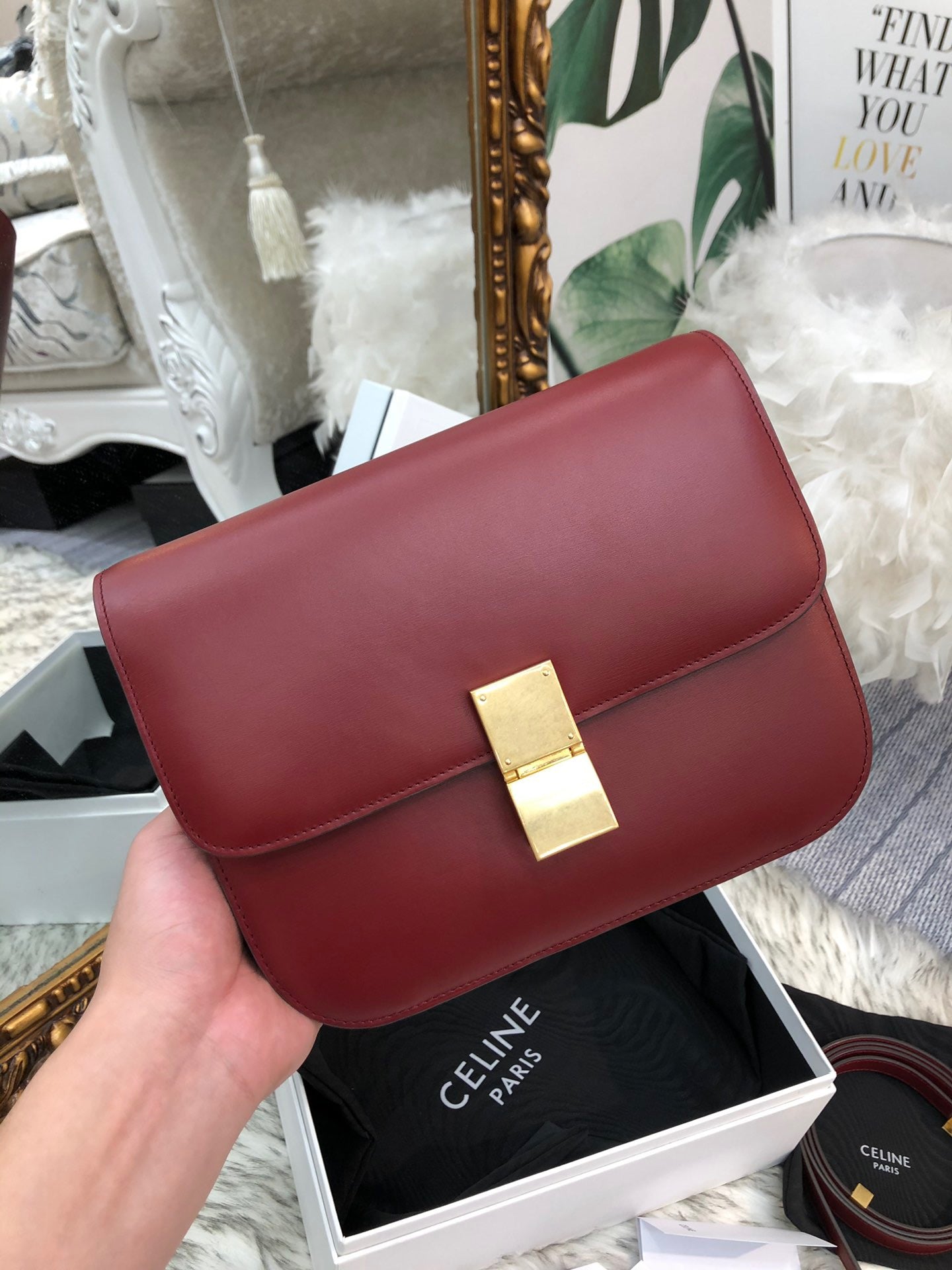 Celine Classic Box Medium Bag In Burdungy Box Calfskin