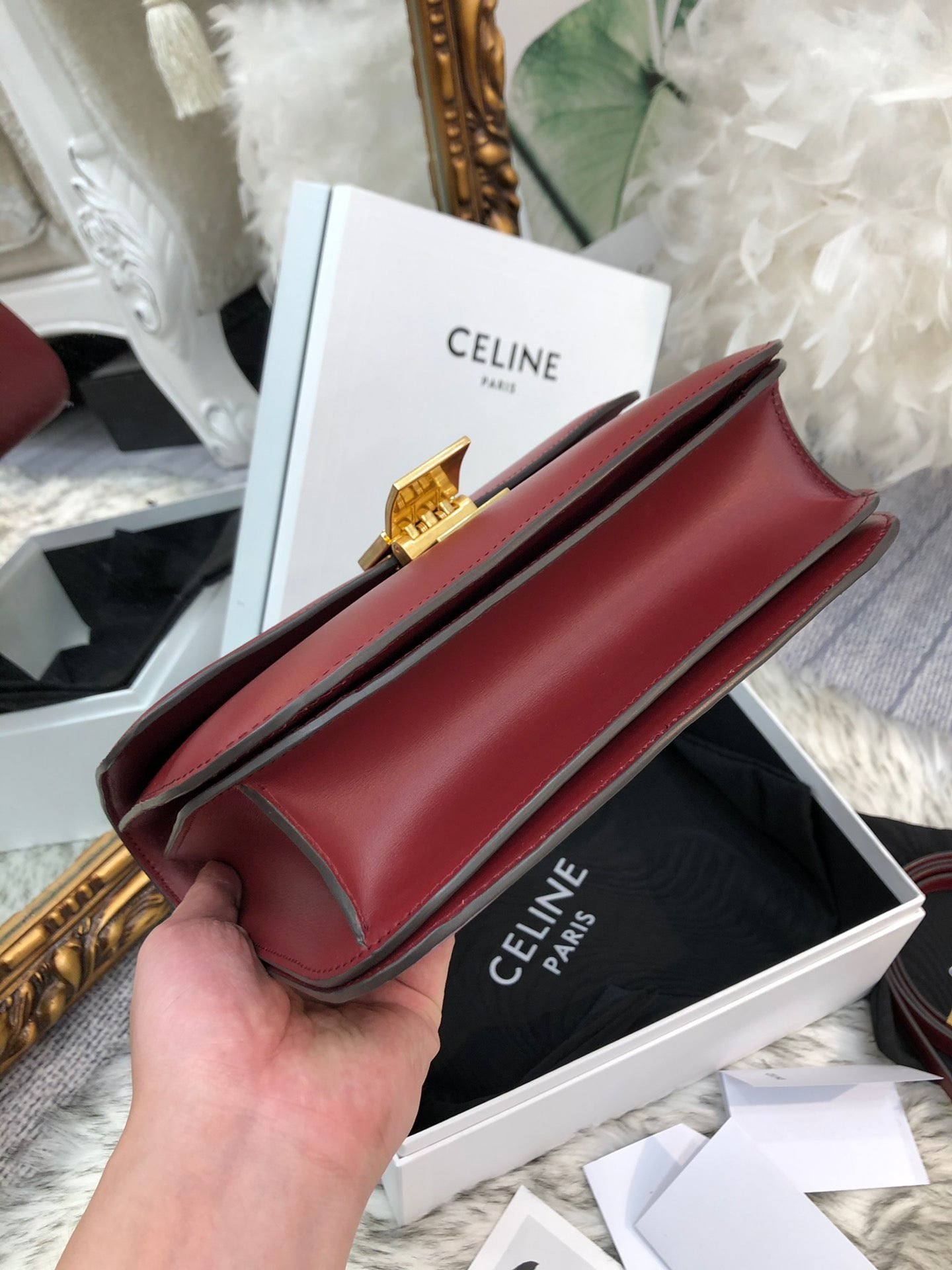 Celine Classic Box Medium Bag In Burdungy Box Calfskin