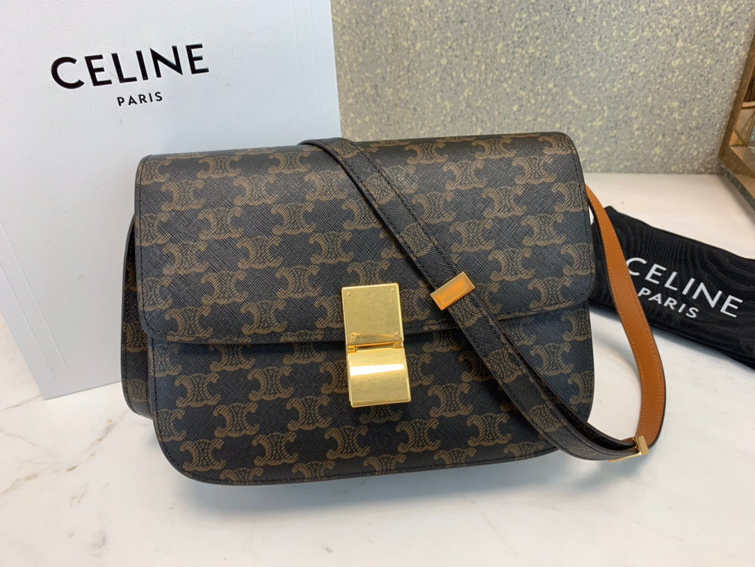 Celine Classic Box Medium Bag In Dark Brown Plaid Old Flower Bag