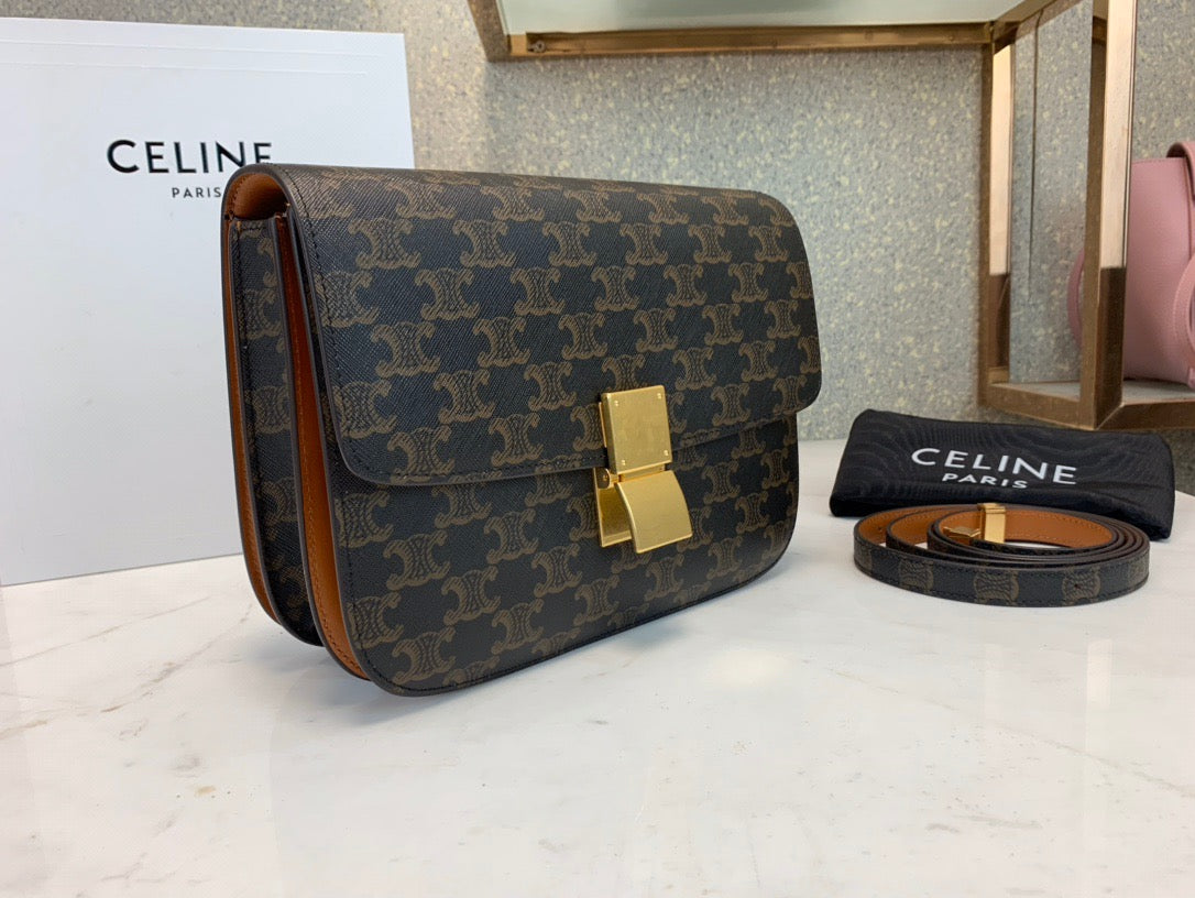 Celine Classic Box Medium Bag In Dark Brown Plaid Old Flower Bag