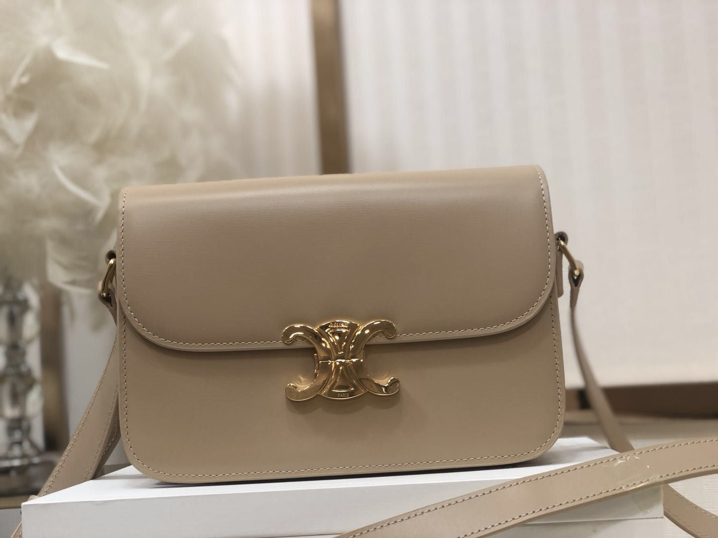 Celine Triomphe Medium Bag In Light Brown Smooth Calfskin