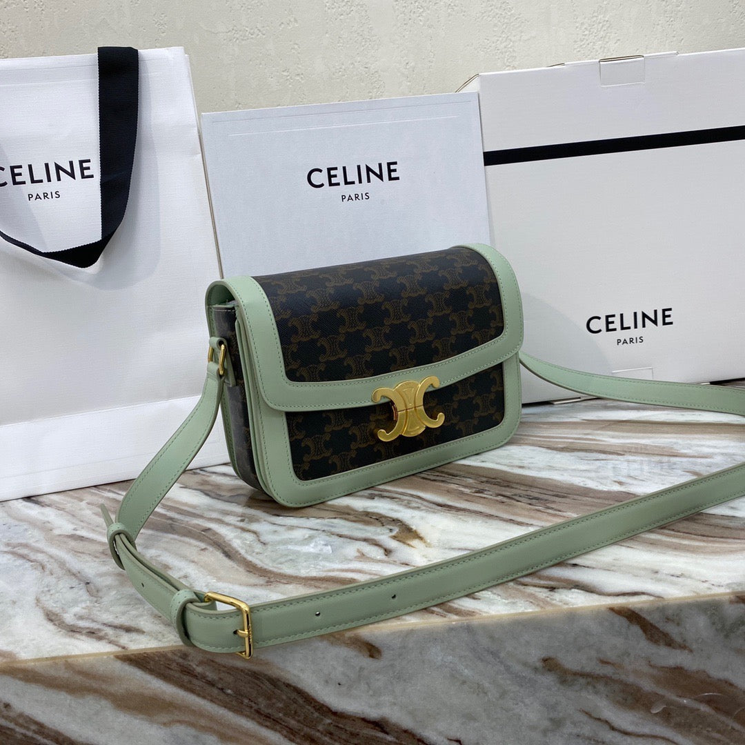 Celine Classic Triomphe Medium Bag In Green Vintage Canvas Box