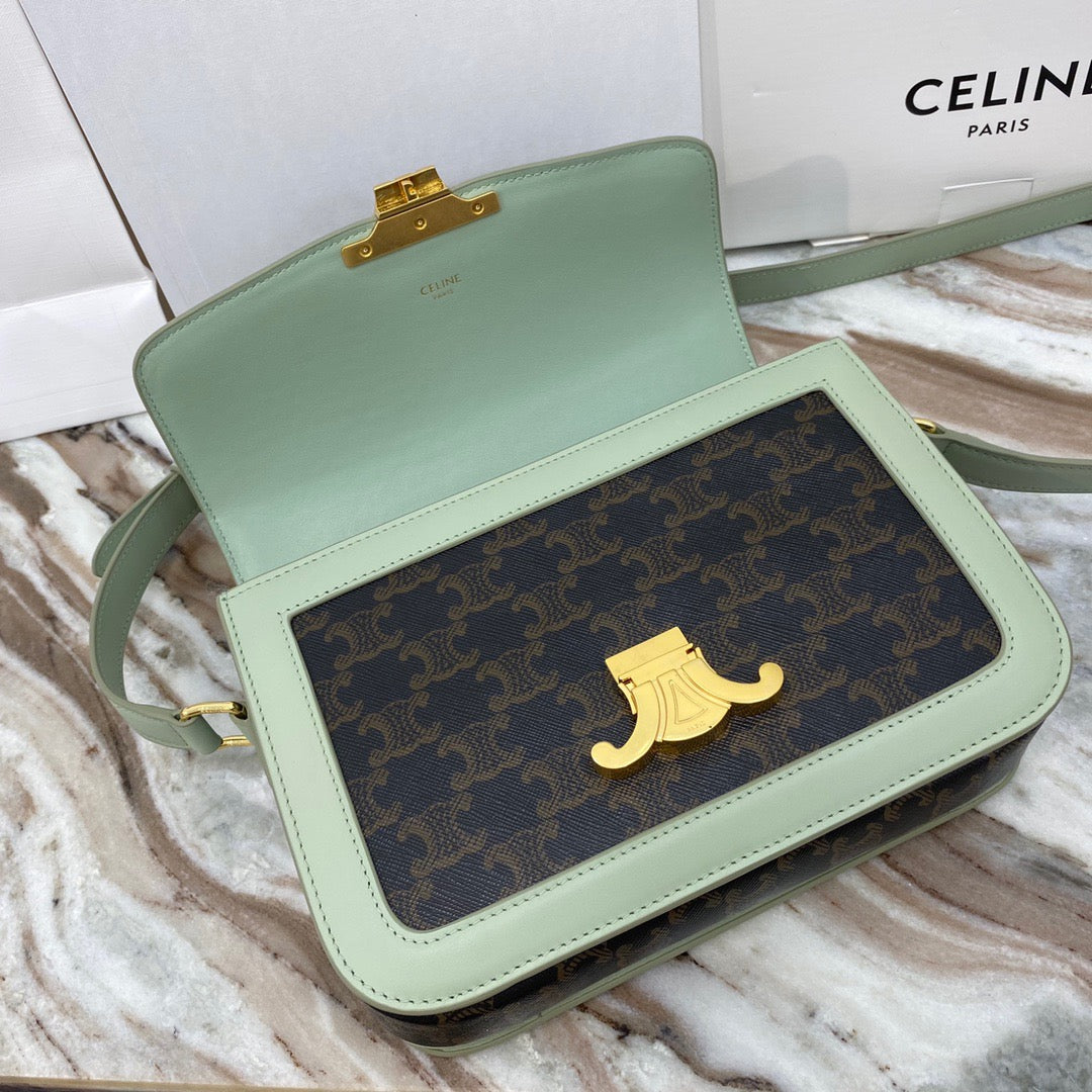 Celine Classic Triomphe Medium Bag In Green Vintage Canvas Box