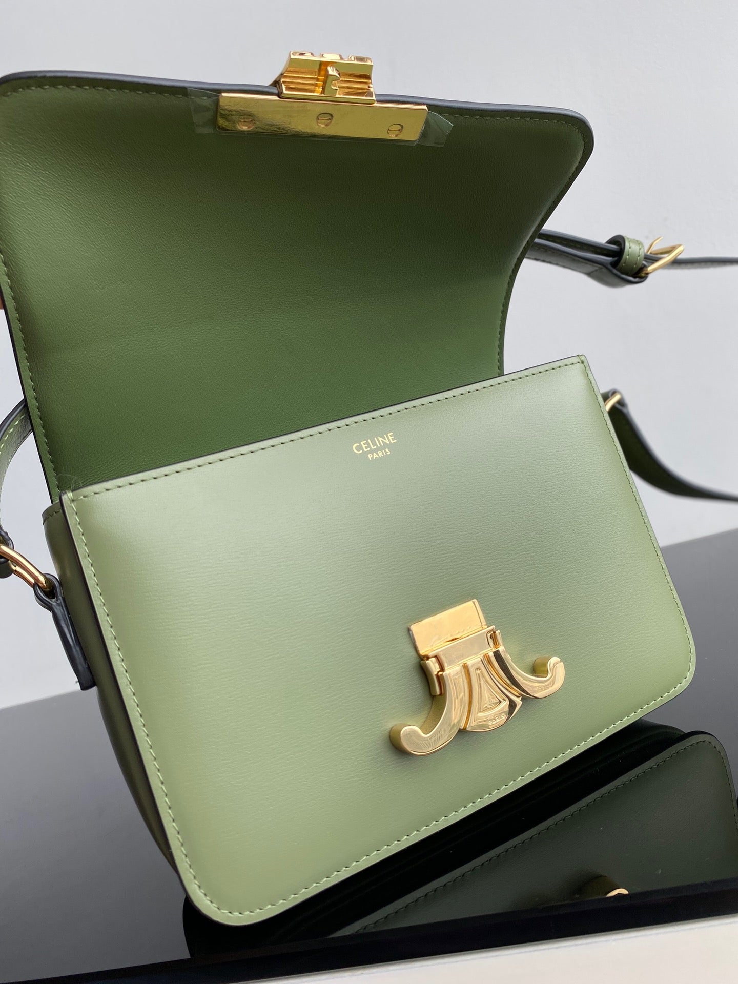 Celine Triomphe Medium Bag In Avocado Green Smooth Calfskin