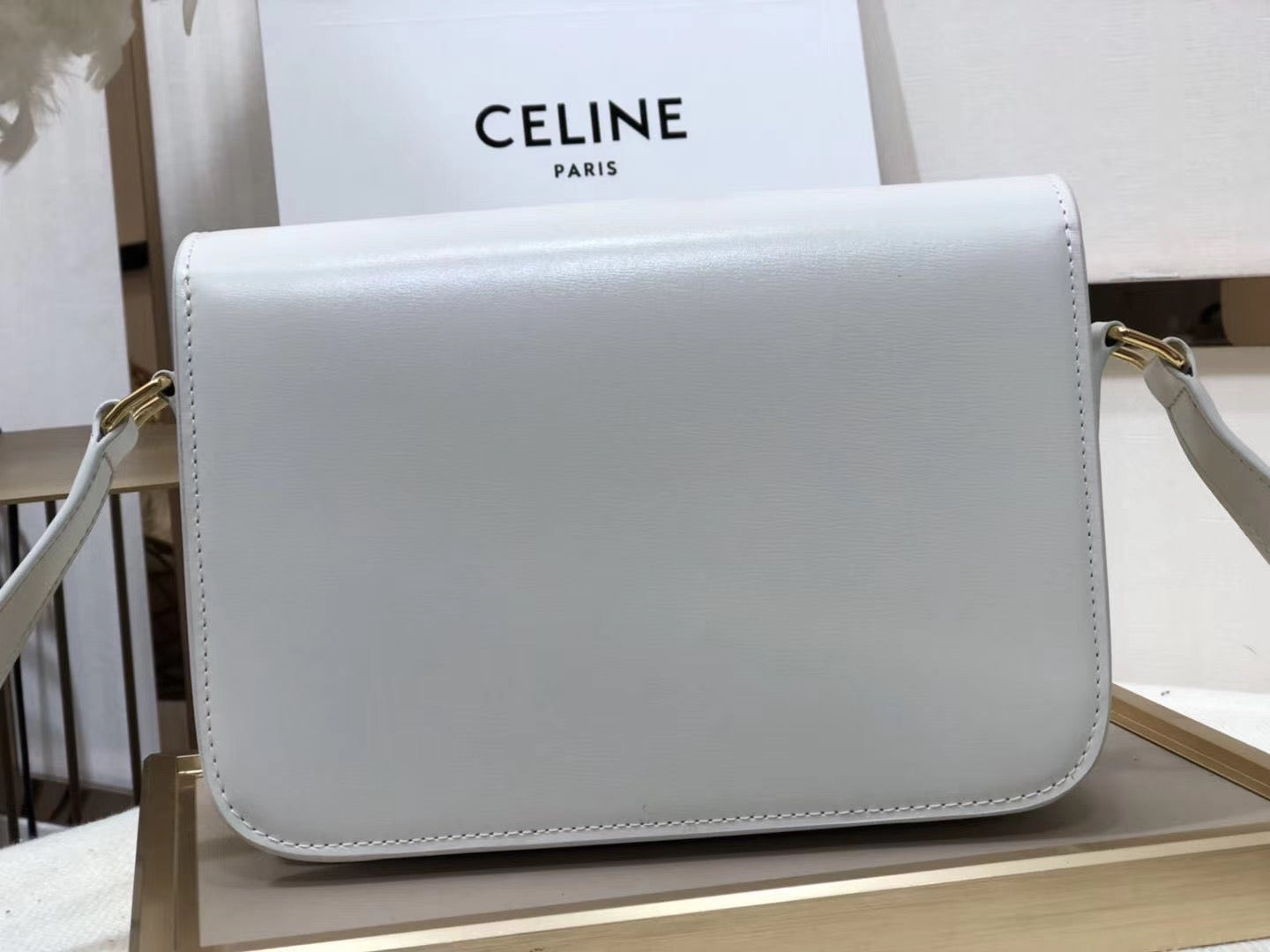 Celine Triomphe Medium Bag In White Smooth Calfskin