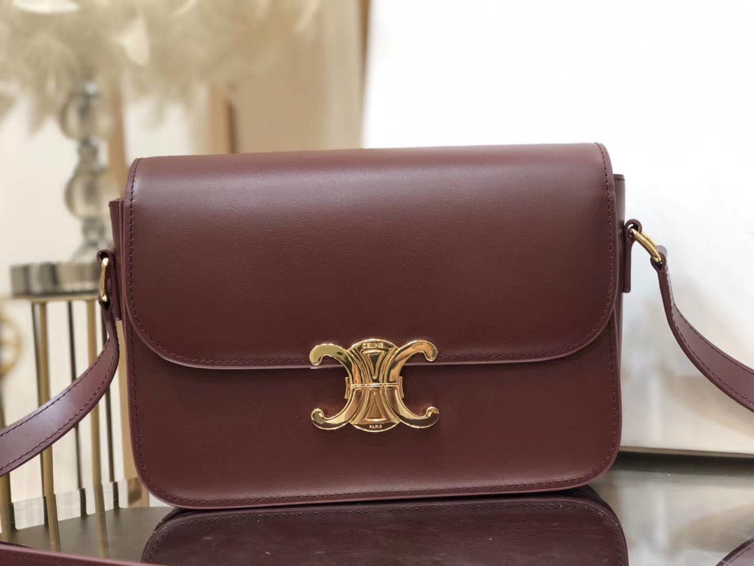 Celine Triomphe Large Bag In Burgundy Calfskin