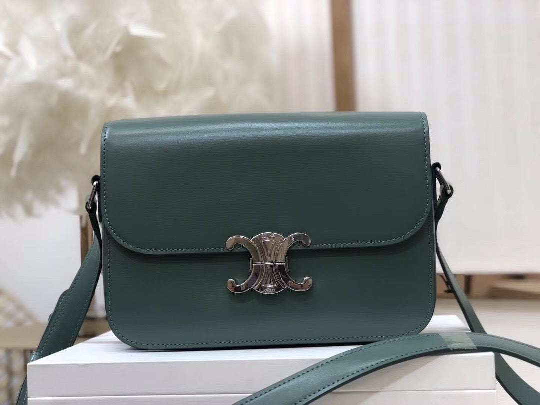 Celine Triomphe Large Bag In Dark Green Calfskin