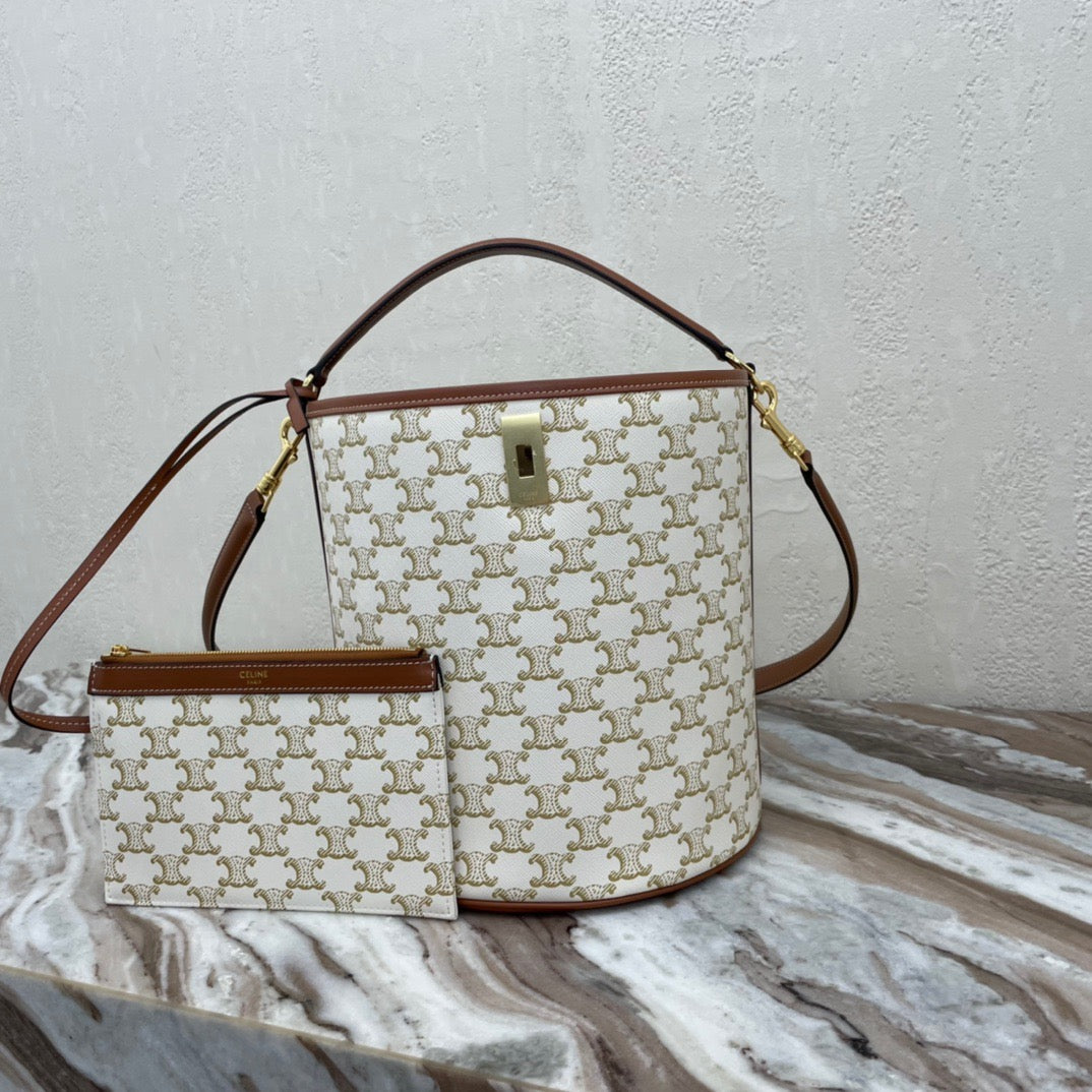 Celine Bucket 16 Bag In White Printed Canvas Strap Leather