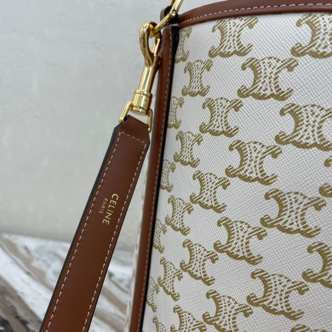 Celine Bucket 16 Bag In White Printed Canvas Strap Leather