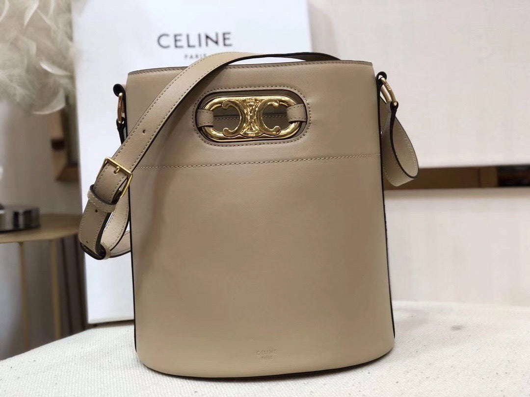 Celine Bucket Maillon Triomphe Bag In Light Brown calfskin Leather