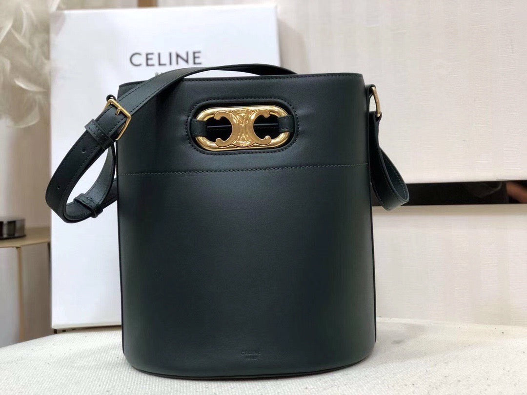 Celine Bucket Maillon Triomphe Bag In Dark Green Calfskin Leather