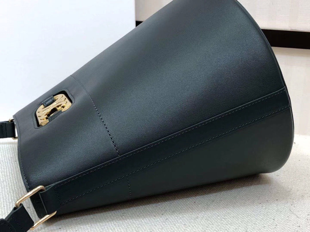 Celine Bucket Maillon Triomphe Bag In Dark Green Calfskin Leather