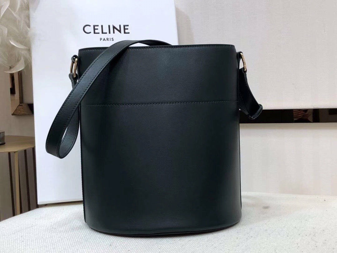 Celine Bucket Maillon Triomphe Bag In Dark Green Calfskin Leather