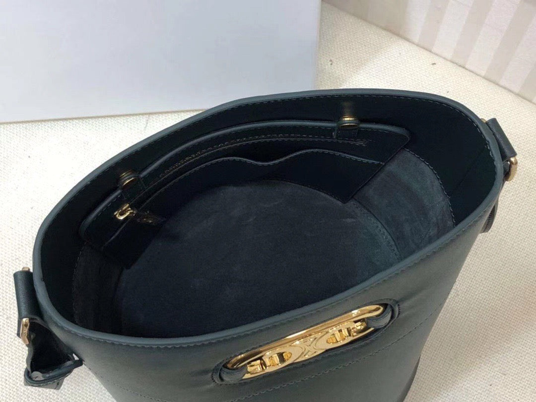 Celine Bucket Maillon Triomphe Bag In Dark Green Calfskin Leather