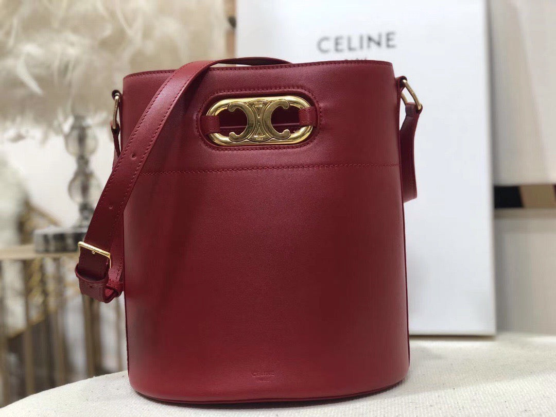 Celine Bucket Maillon Triomphe Bag In Red Calfskin Leather