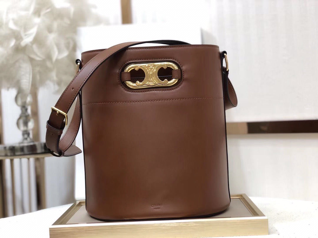 Celine Bucket Maillon Triomphe Bag In Gold Brown calfskin Leather