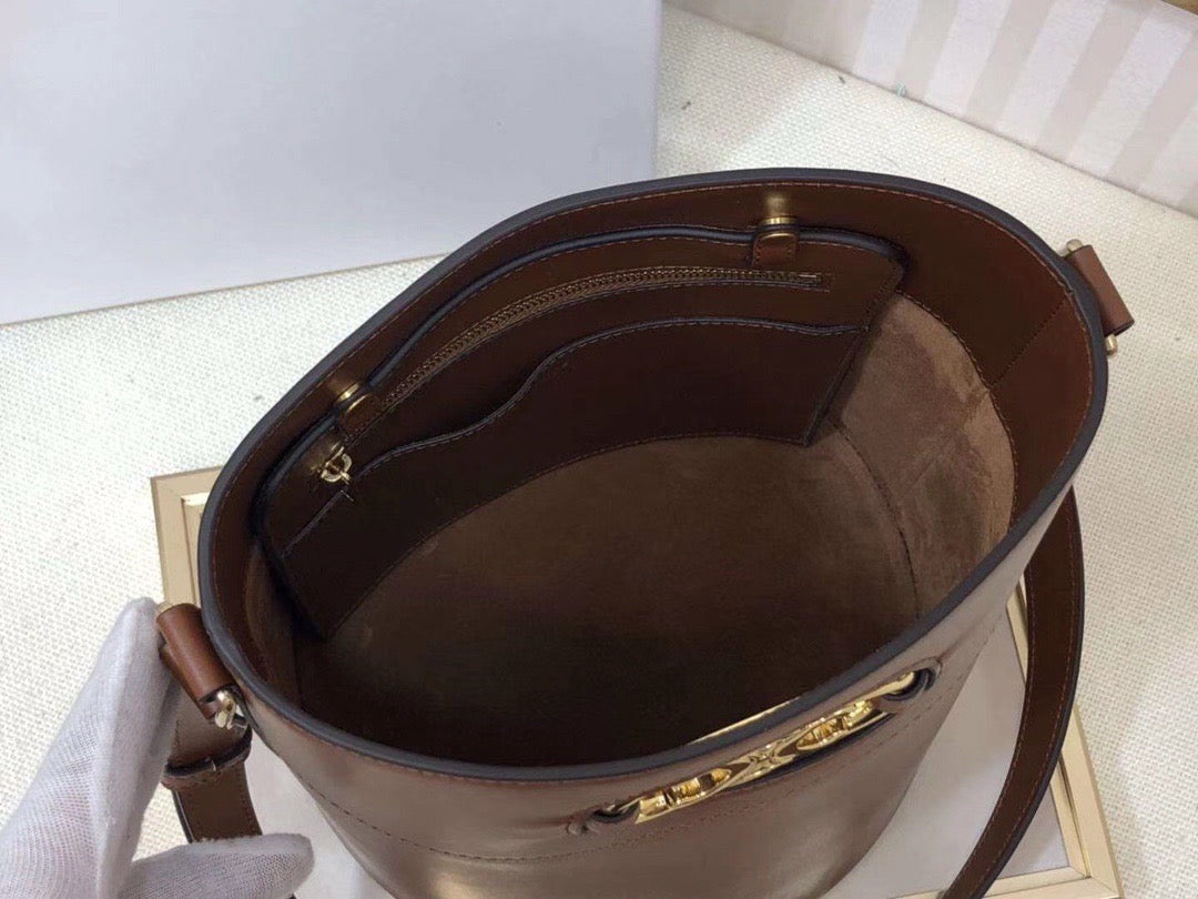 Celine Bucket Maillon Triomphe Bag In Gold Brown calfskin Leather