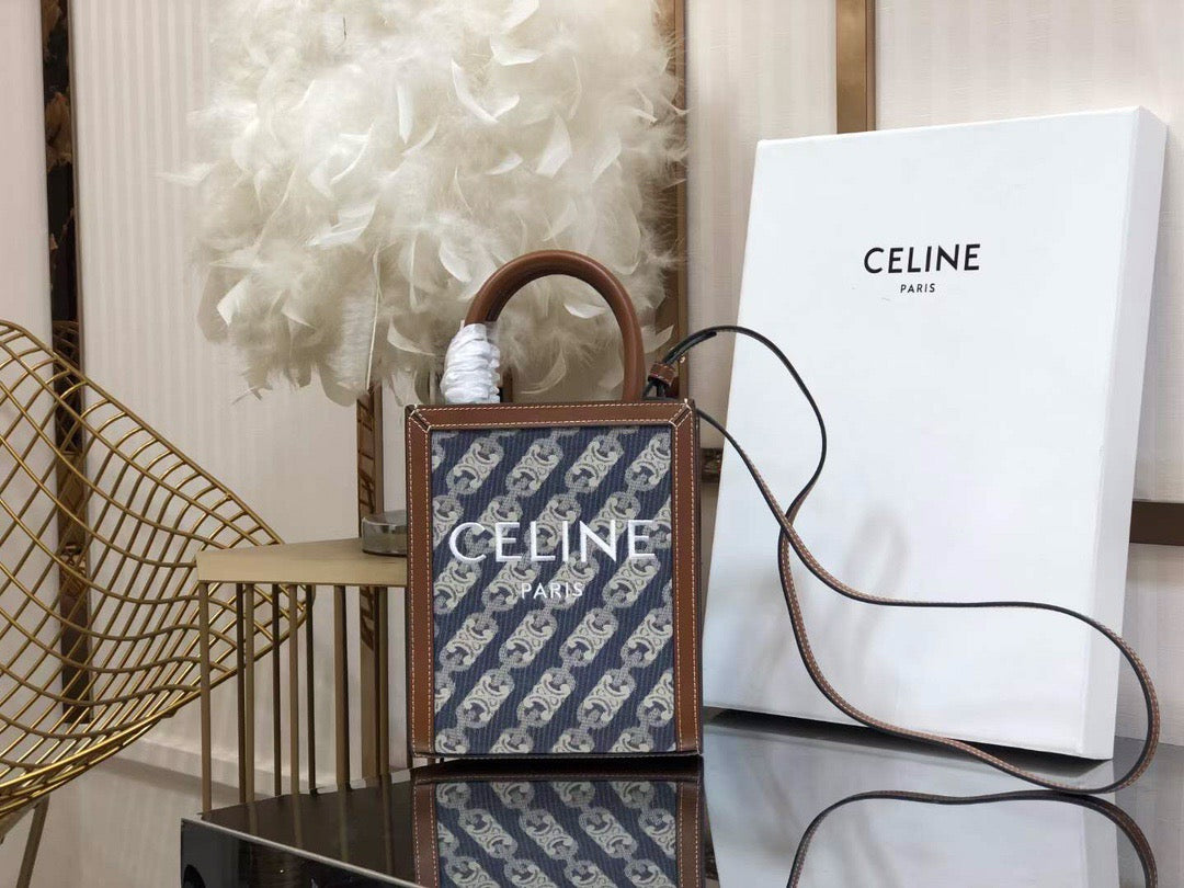 Celine Denim Arc De Triomphe Blue Jacquard Mini Tote With Celine Logo